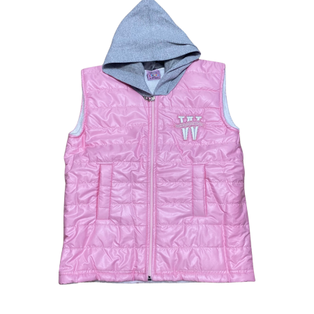 Fete - Vesta matlasată roz cu glugă gri detașabilă și fermoar frontal