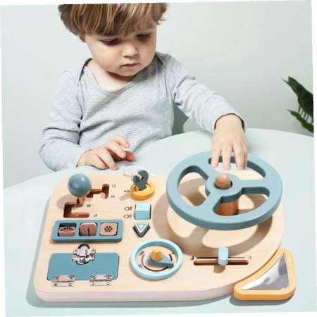 Jucarii Montessori - Busy board Montessori din lemn- Volan si activitati de motricitate