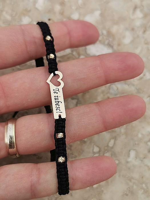 Brățara împletită - Te iubesc! - Plăcuță Inimă 4 Sfere Aur 2,5mm [2]