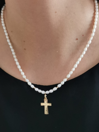 Aur 14k - Colier Credință Perlată - Cruce Tatăl Nostru