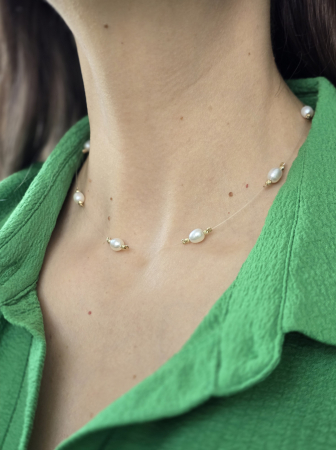 Bijuterii damă - Colier cu perle de cultură și sfere din aur 14K, pe fir transparent