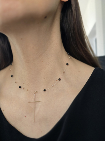 Bijuterii damă - Colier pe fir transparent cu spinel, sfere și cruce din aur