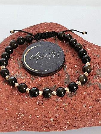 Aur 14k - Brățara Obsidianul Protector 10 Sfere Aur 3mm - 2 Sfere Aur 2,5mm