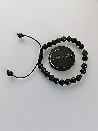 Aur 14k - Brățara Strălucirea Obsidianului 3 Sfere Aur 3mm