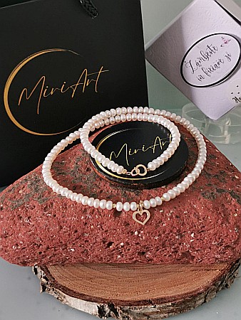Aur 14k - Colier Bătăi de Perlă - Perle de Cultură - Inimă - Cerculeț