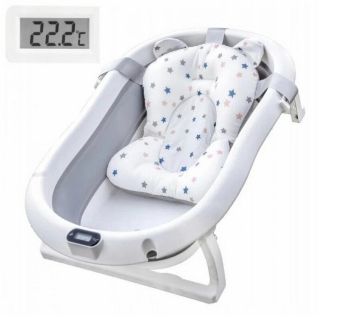 Cadă pliabilă pentru bebeluși set 5 piese, cu sistem de drenaj, monitor de temperatura, 95x47x22cm, gri [2]