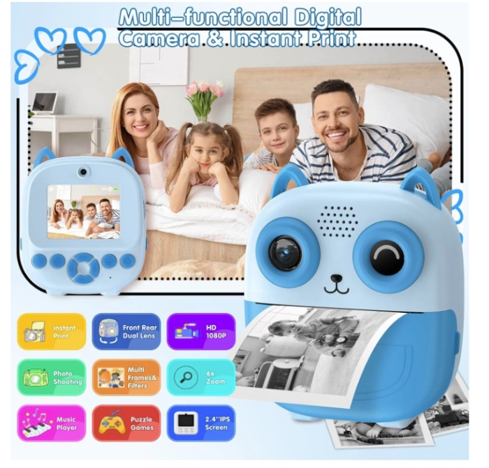 Aparat Foto cu Imprimare 2 in 1, 1080P cu Ecran 2.4 inch, Printare Instant, Dual Lens, Cablu USB-C. Reincarcabil [5]