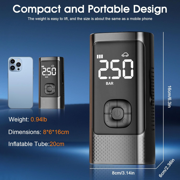 Compresor Auto Portabil, Tip Baterie Externa, Manometru, Lanterna LED, Debit 20L, Pompa Aer Masina, Incarcare USB, Umflare Roti, Minge, Bicicleta, Negru [3]