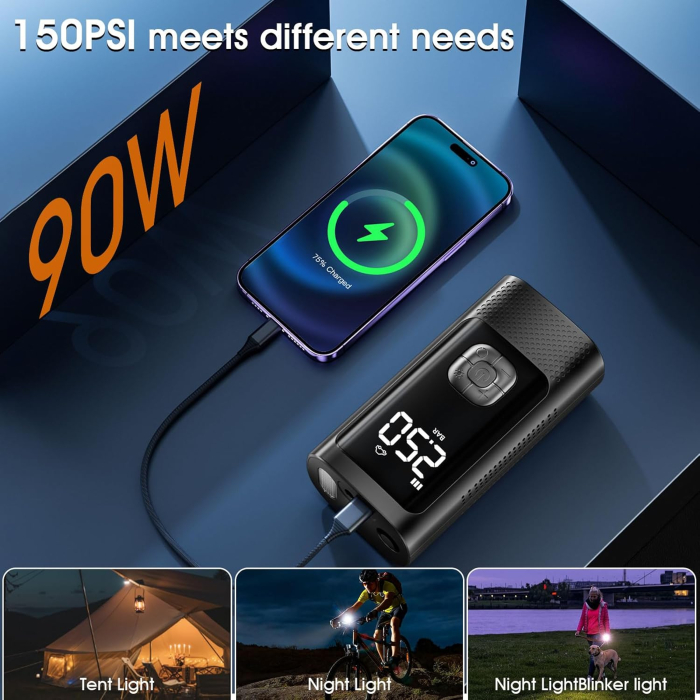 Compresor Auto Portabil, Tip Baterie Externa, Manometru, Lanterna LED, Debit 20L, Pompa Aer Masina, Incarcare USB, Umflare Roti, Minge, Bicicleta, Negru [6]