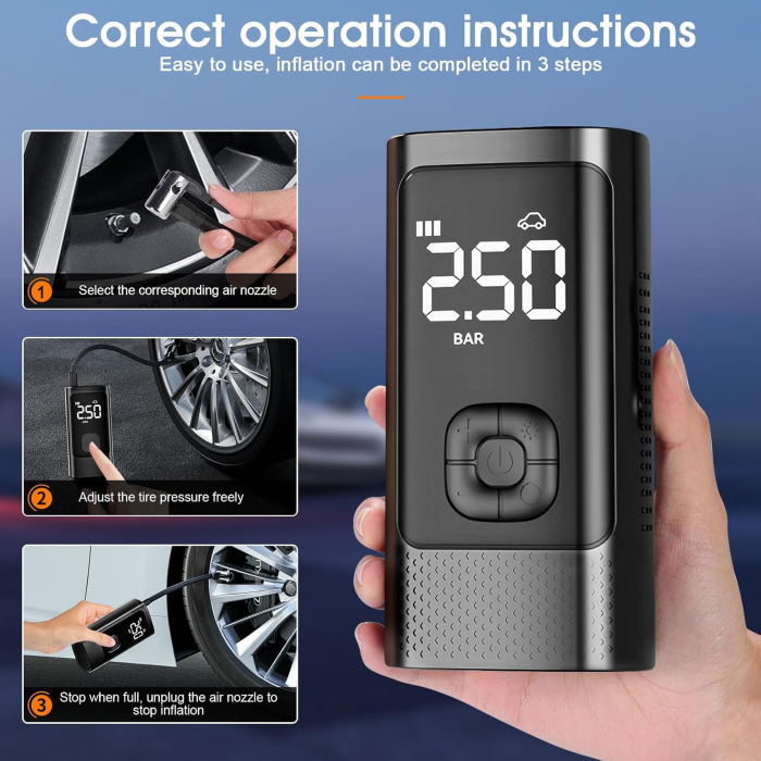 Compresor Auto Portabil, Tip Baterie Externa, Manometru, Lanterna LED, Debit 20L, Pompa Aer Masina, Incarcare USB, Umflare Roti, Minge, Bicicleta, Negru [5]