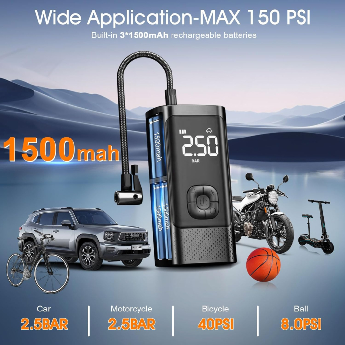 Compresor Auto Portabil, Tip Baterie Externa, Manometru, Lanterna LED, Debit 20L, Pompa Aer Masina, Incarcare USB, Umflare Roti, Minge, Bicicleta, Negru [7]