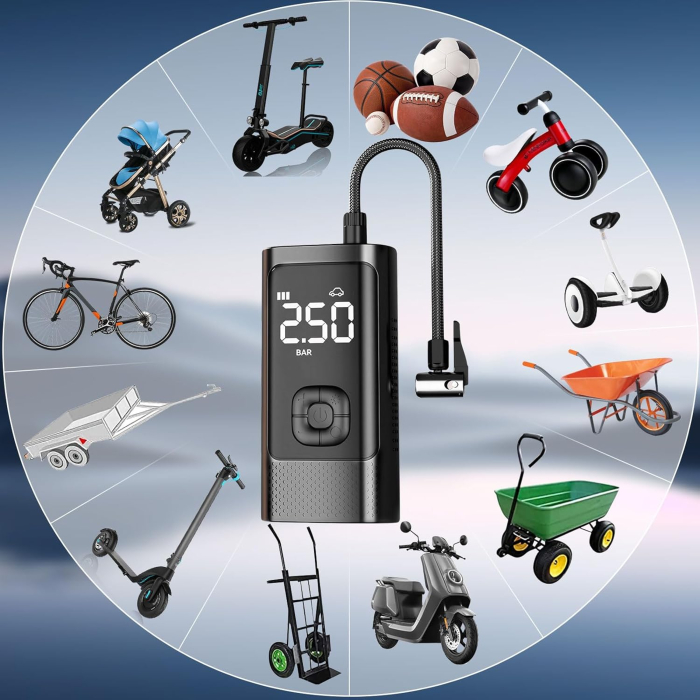 Compresor Auto Portabil, Tip Baterie Externa, Manometru, Lanterna LED, Debit 20L, Pompa Aer Masina, Incarcare USB, Umflare Roti, Minge, Bicicleta, Negru [9]