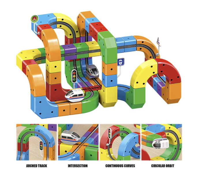 Set constructie tren electric copii 123 piese, pista 3D modulara Track Cube, cuburi educative STEM, trenulet motorizat cu traseu, 3+ ani [7]