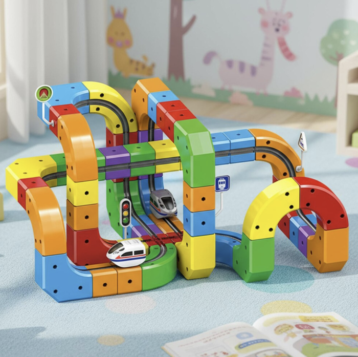 Set constructie tren electric copii 123 piese, pista 3D modulara Track Cube, cuburi educative STEM, trenulet motorizat cu traseu, 3+ ani [5]