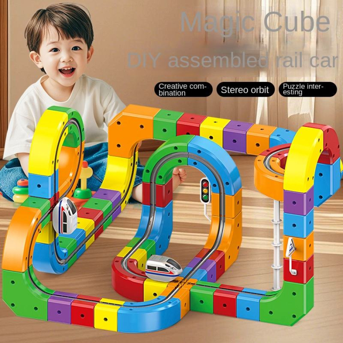 Set constructie tren electric copii 123 piese, pista 3D modulara Track Cube, cuburi educative STEM, trenulet motorizat cu traseu, 3+ ani [3]