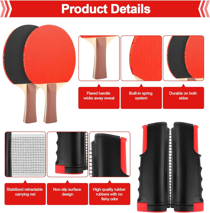 Set de ping pong cu 2 palete, fileu retractabil și mingi [2]