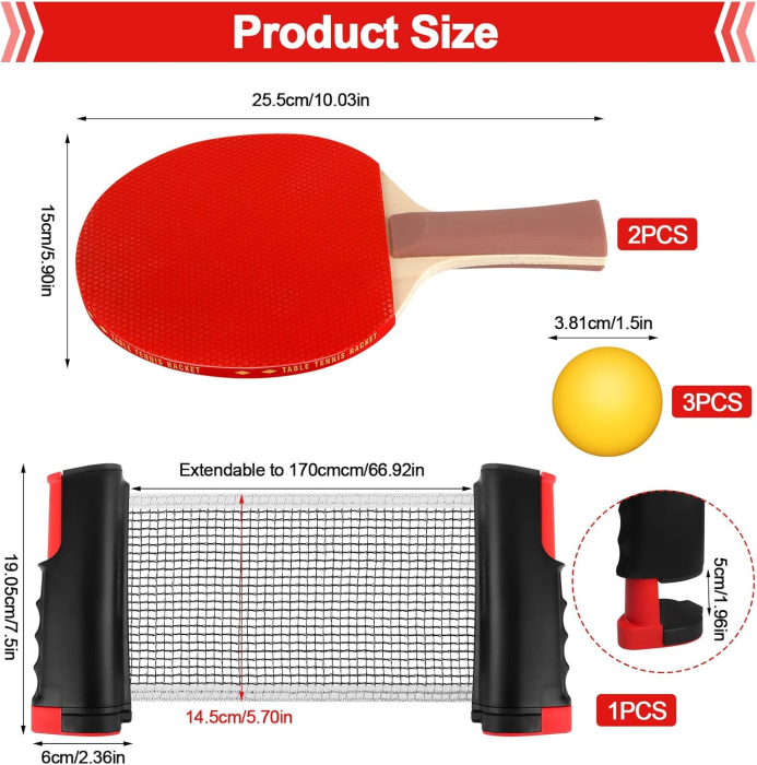 Set de ping pong cu 2 palete, fileu retractabil și mingi [3]