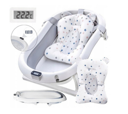 Accesorii ingrijire copii - Cadă pliabilă pentru bebeluși set 5 piese, cu sistem de drenaj, monitor de temperatura, 95x47x22cm, gri