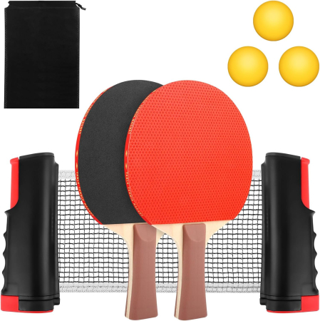 Sport - Set de ping pong cu 2 palete, fileu retractabil și mingi