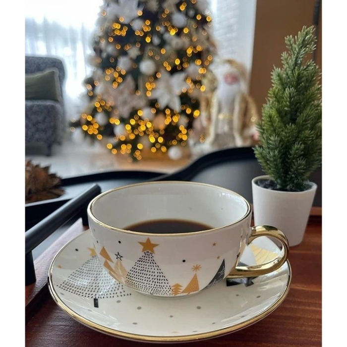 Set de Ceai, OEM, Tema Craciun, Ceainic 420 ml, Cana 310 ml, Farfurie, din Portelan, Model Joy, Alb [5]
