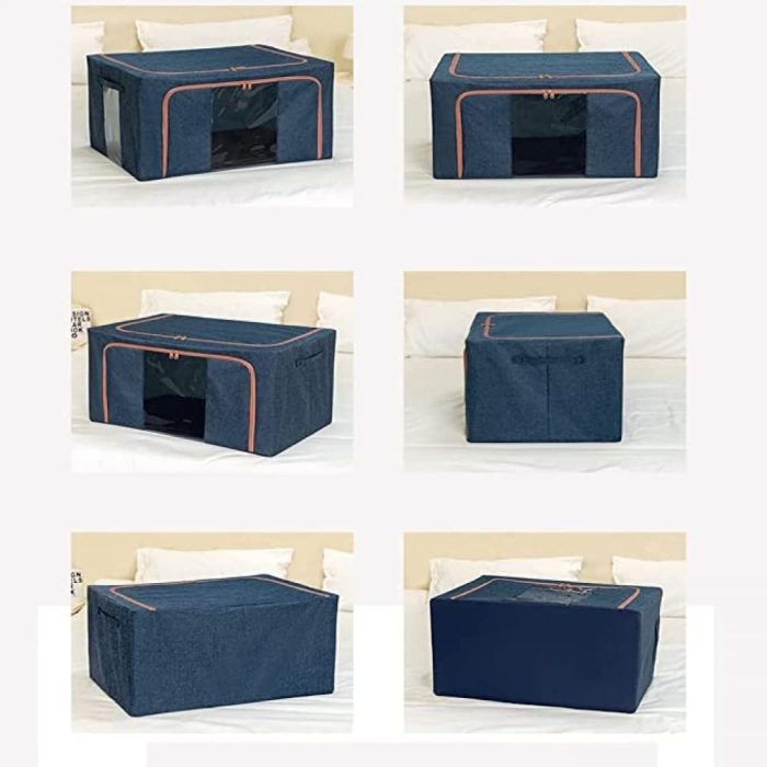Cutie de Depozitare Pliabila, OEM, Cu Fermoar, 24 L, Textil, 40x30x20 cm, Cadru Metalic, Suport Baza Stabil din Plastic, Albastru Marin cu Doua Ferestre [4]