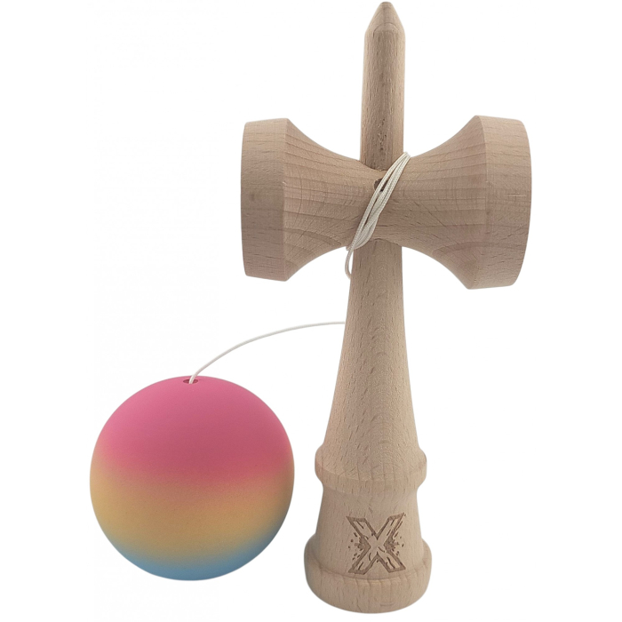 Kendama X Originala, Profesionala, OEM, din Lemn, Rubber Grip, 18 cm, Roz/Galben/Albastru [2]