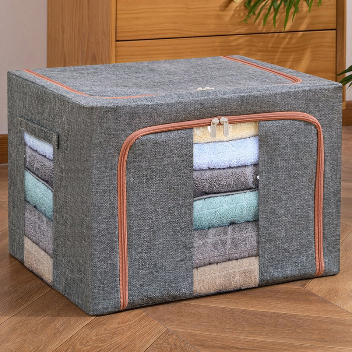 Cutie de depozitare pliabila, OEM, Cu fermoar, 100 L, Textil, 60x42x40 cm, Cadru Metalic, Suport Baza Stabil din Plastic, Gri [10]