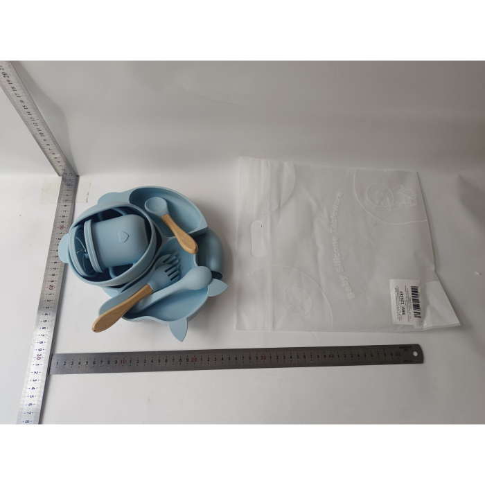 Set 10 piese diversificare bebelusi si copii din silicon OEM, baveta, farfurie compartimentata cu ventuza, bol cu ventuza, tacamuri din lemn si silicon, cana pentru gustari, fara alergeni, baby blue [5]