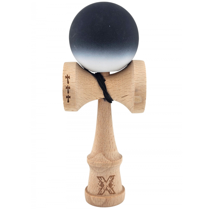 Kendama X Originala, Profesionala, OEM, Big Cups V2, Rubber Grip cu Cupe Mari, Rulment Metalic cu Ata 55 cm, Gradient Alb/Negru [1]