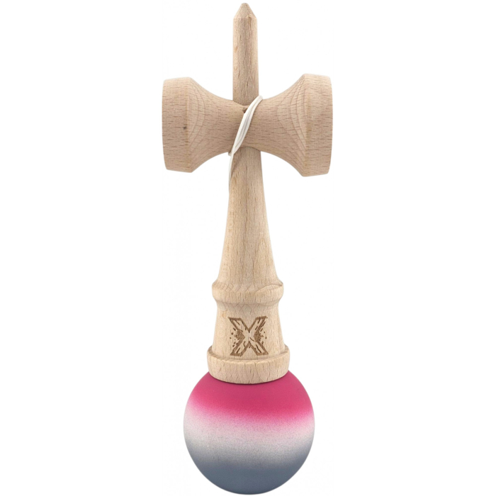 Jucarie Interactiva Kendama X Profesionala, OEM, din Lemn, Rubber Grip, 18 cm, Roz/Alb/Gri [2]