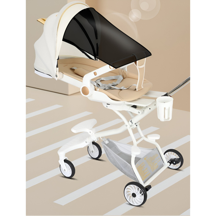 Carucior Sport OEM 3in1, 6-36 Luni, Reversibil, Pliabil, Tavita pentru Masa, Pozitie de Somn, Centura de Siguranta, Roti 360, Suport Pahar, Copertina pentru Soare, 33x66x85cm, Alb Model Pisica [7]