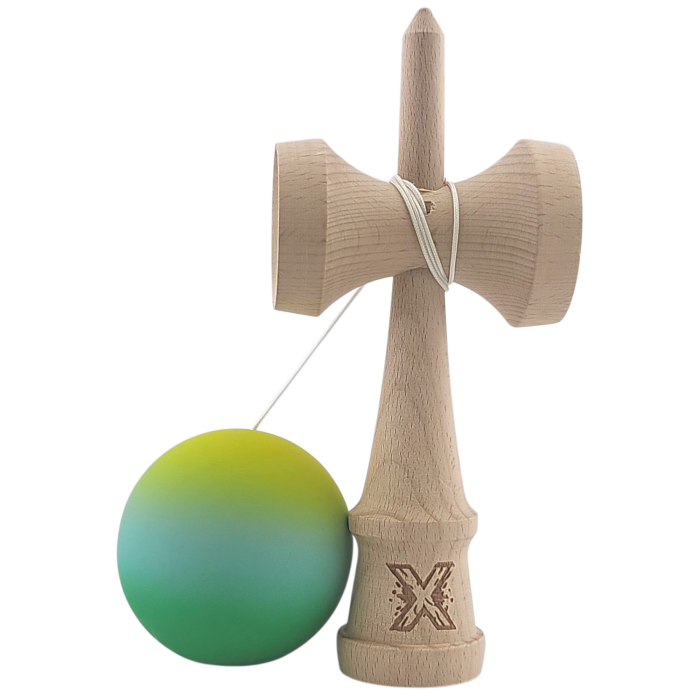 Kendama X Originala, Profesionala, OEM, Rubber Grip, din Lemn, 18 cm, Galben/Albastru/Verde [2]