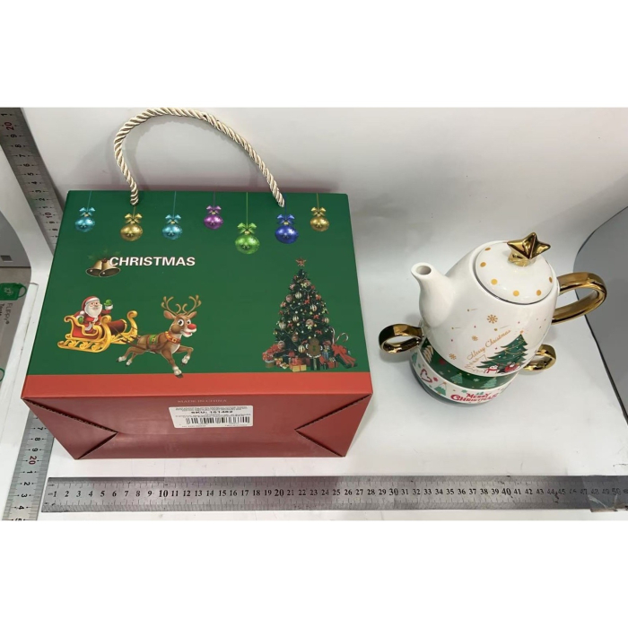 Set de Ceai, OEM, Tema Craciun, Ceainic 450 ml, 2 x Cani 250 ml, din Ceramica, Model Brad de Craciun, Alb/Verde [7]