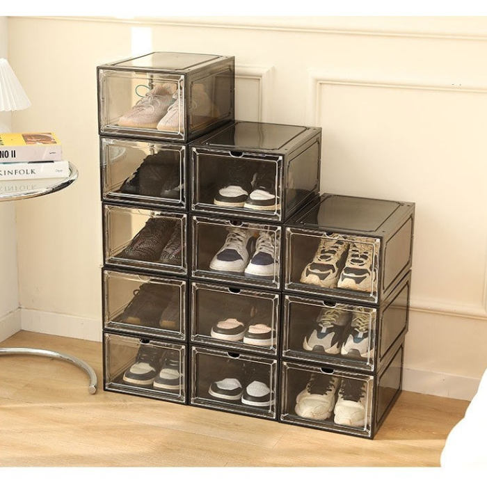 Organizator de Pantofi, OEM, din PP+ABS, Usa Frontala Magnetica, Rezistenta la Praf, Anti-Oxidare, Utilizare Multipla, 36 x 28 x 21 cm, Gri Transparent [6]