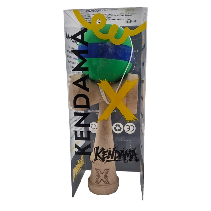 Kendama X Originala, Profesionala, OEM, 18 cm, din Lemn, Rubber Grip, Verde/Albastru [2]