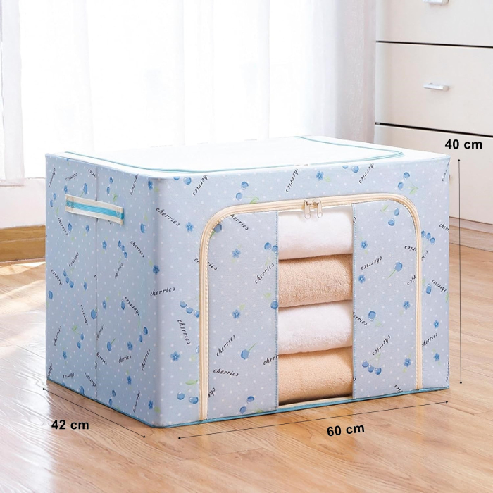 Cutie de Depozitare Pliabila, OEM, 100 L, din Tesatura Oxford, 60x42x40 cm, Fereastra Frontala, 2 Usi de Acces cu Fermoar Bidirectional, Cadru Metalic, Suport Baza Stabil din Plastic, Imprimeu Cirese, [3]