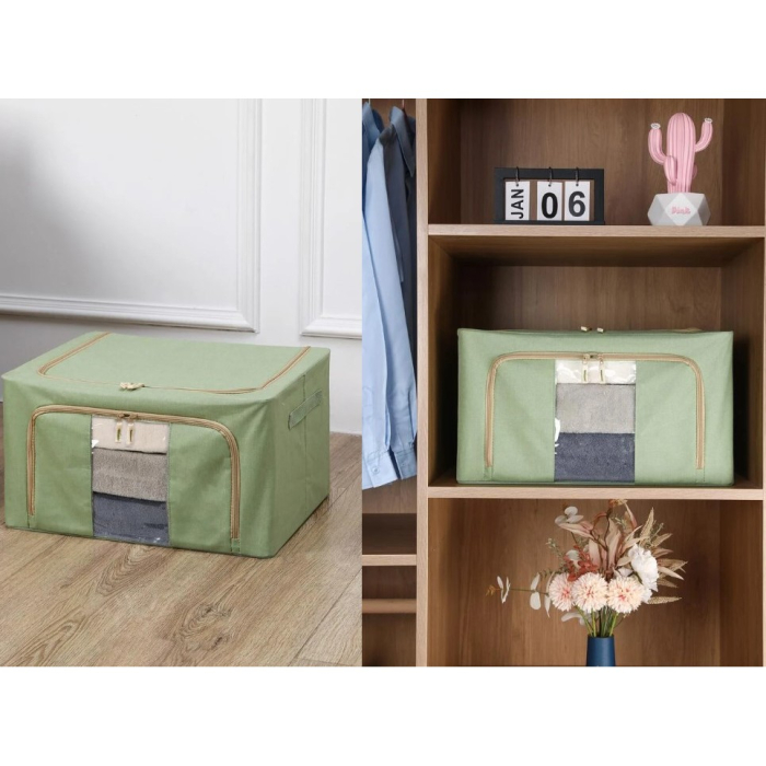 Cutie de depozitare pliabila, OEM, Cu fermoar, 100 L, Textil, 60x42x40 cm, Cadru Metalic, Suport Baza Stabil din Plastic, Verde [2]