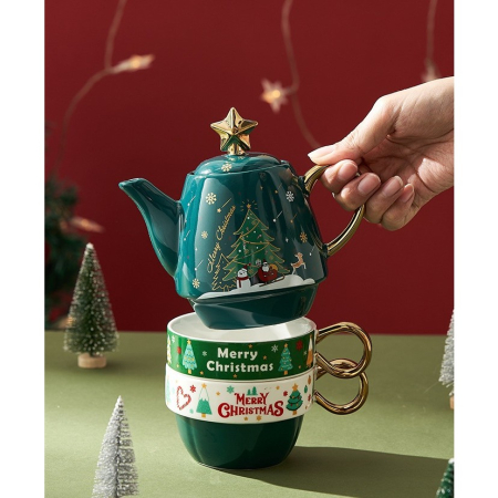 Set de Ceai, OEM, Tema Craciun, Ceainic 450 ml, 2 x Cani 250 ml, din Ceramica, Model Brad de Craciun, Alb/Verde [4]