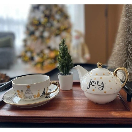 Set de Ceai, OEM, Tema Craciun, Ceainic 420 ml, Cana 310 ml, Farfurie, din Portelan, Model Joy, Alb [5]