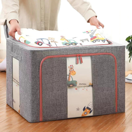 Cutie de depozitare pliabila, OEM, Cu fermoar, 100 L, Textil, 60x42x40 cm, Cadru Metalic, Suport Baza Stabil din Plastic, Gri, Cu doua ferestre [2]