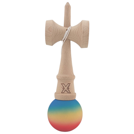 Kendama X Originala, Profesionala, OEM, din Lemn, Rubber Grip, 18 cm, Rosu/Galben/Albastru [2]