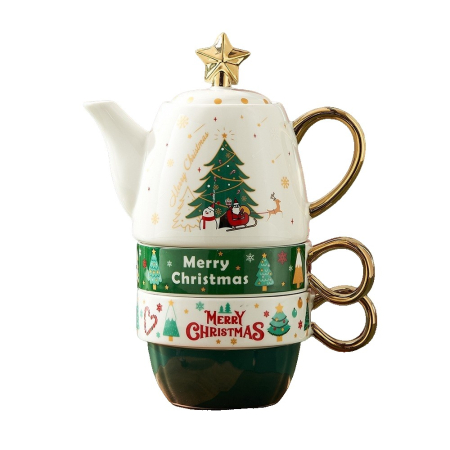 Decoratiuni Craciun - Set de Ceai, OEM, Tema Craciun, Ceainic 450 ml, 2 x Cani 250 ml, din Ceramica, Model Brad de Craciun, Alb/Verde