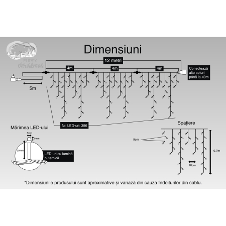 Instalatie Craciun, 12 m, 396 Led-uri ,Franjuri, Alb cald, Flash, Transformator cu telecomanda, Interconectabila, Prelungitor 5 m inclus, Fir Transparent, OEM [2]