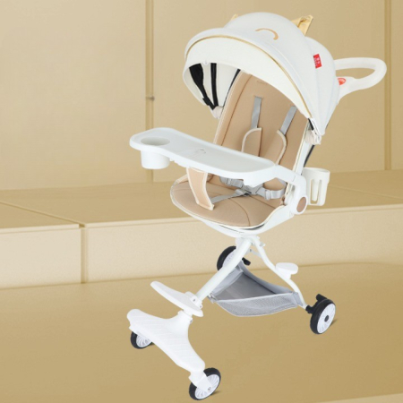 Carucior Sport OEM 3in1, 6-36 Luni, Reversibil, Pliabil, Tavita pentru Masa, Pozitie de Somn, Centura de Siguranta, Roti 360, Suport Pahar, Copertina pentru Soare, 33x66x85cm, Alb Model Pisica [1]