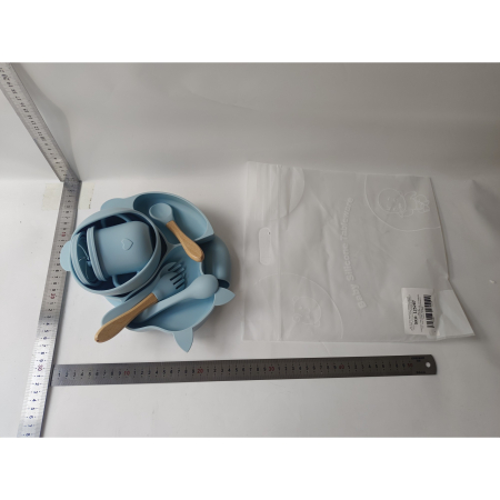Set 10 piese diversificare bebelusi si copii din silicon OEM, baveta, farfurie compartimentata cu ventuza, bol cu ventuza, tacamuri din lemn si silicon, cana pentru gustari, fara alergeni, baby blue [4]