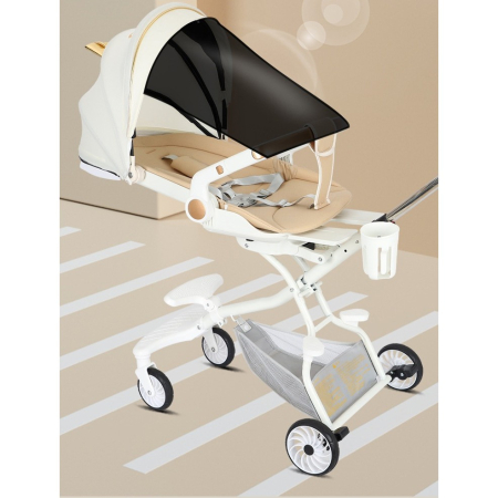 Carucior Sport OEM 3in1, 6-36 Luni, Reversibil, Pliabil, Tavita pentru Masa, Pozitie de Somn, Centura de Siguranta, Roti 360, Suport Pahar, Copertina pentru Soare, 32x63x95cm, Alb, Model Ursulet [4]
