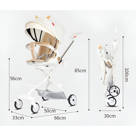 Carucior Sport OEM 3in1, 6-36 Luni, Reversibil, Pliabil, Tavita pentru Masa, Pozitie de Somn, Centura de Siguranta, Roti 360, Suport Pahar, Copertina pentru Soare, 33x66x85cm, Alb Model Pisica [5]