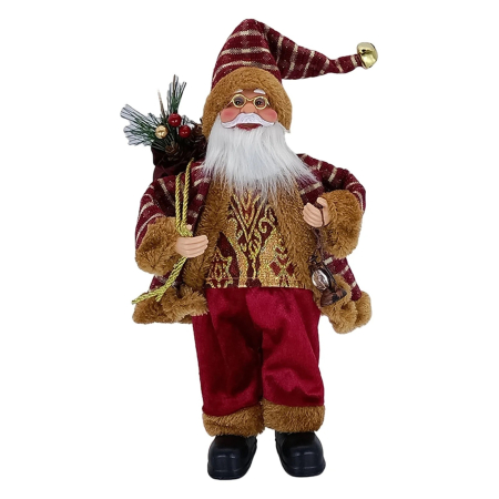 Decoratiuni Craciun - Figurina Decorativa Craciun, OEM, Mos Craciun Asezat cu Sac si Felinar, 35 x 18 x 20 cm, Material Plastic+Textil, Interior/Exterior, Rosu/Auriu