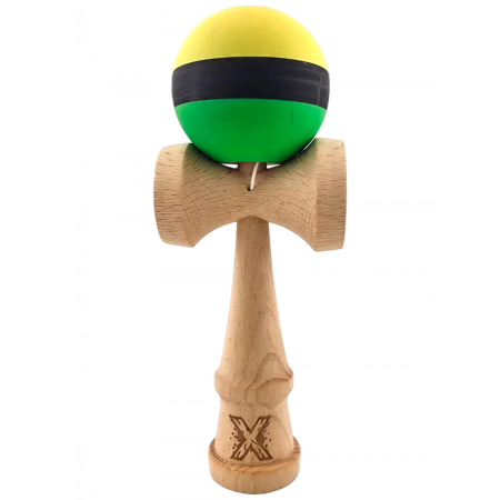 KENDAMA - Kendama X Originala, Profesionala, OEM, din Lemn, Rubber Grip, 18 cm, Galben/Negru/Verde