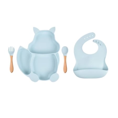 Set 10 piese diversificare bebelusi si copii din silicon OEM, baveta, farfurie compartimentata cu ventuza, bol cu ventuza, tacamuri din lemn si silicon, cana pentru gustari, fara alergeni, baby blue [3]